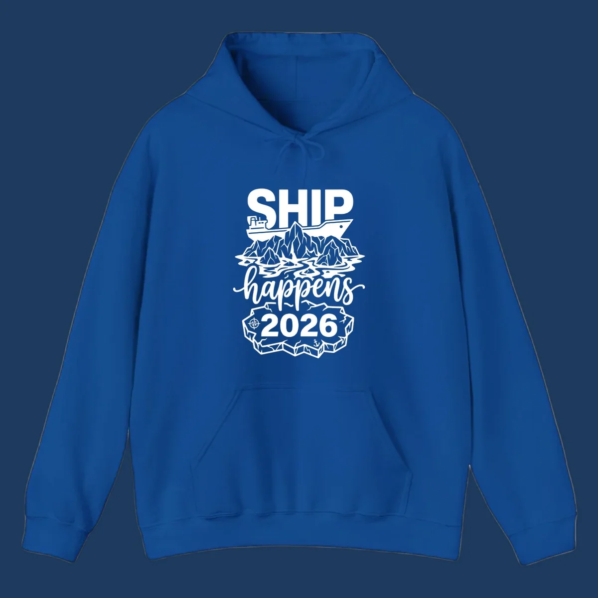 Ship Happens 2026 iceberg humor design with ship, icebergs, compass rose, and anchor.