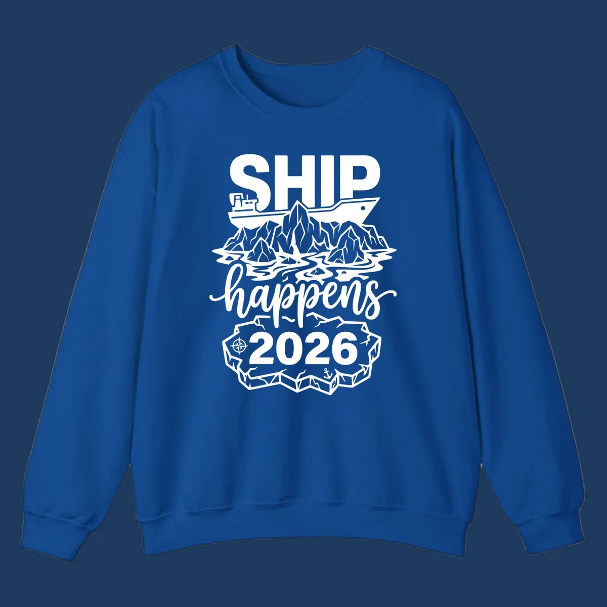 Ship Happens 2026 iceberg humor design with ship, icebergs, compass rose, and anchor.