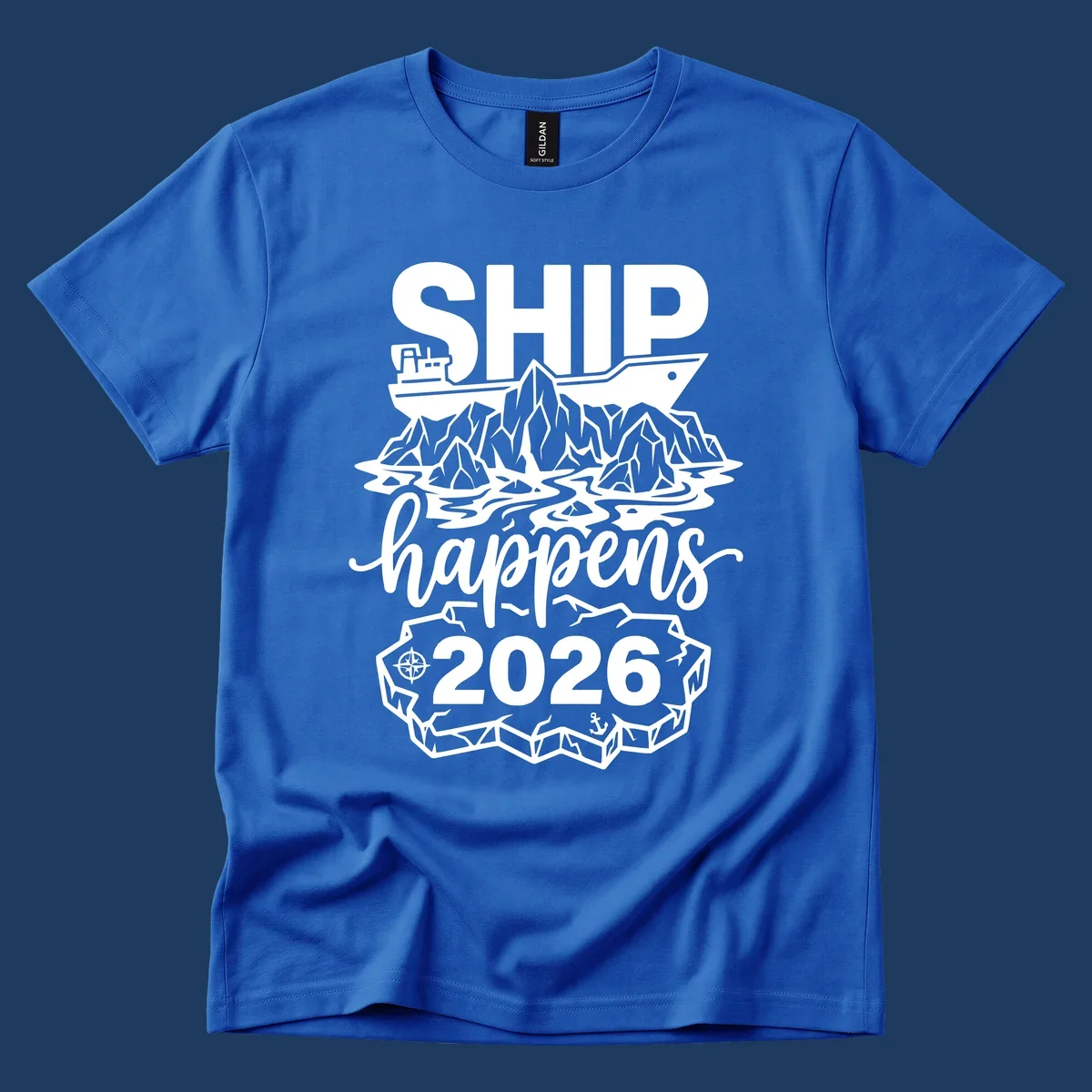 Ship Happens 2026 iceberg humor design with ship, icebergs, compass rose, and anchor.