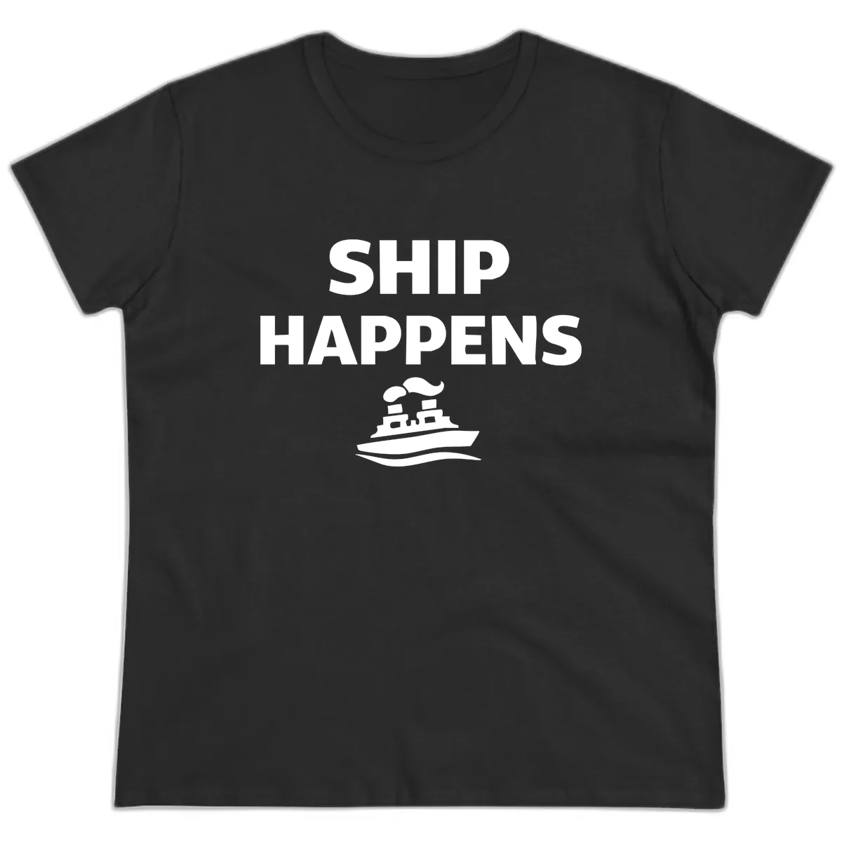 Ship Happens Boat Humor Ladies Tee in Black