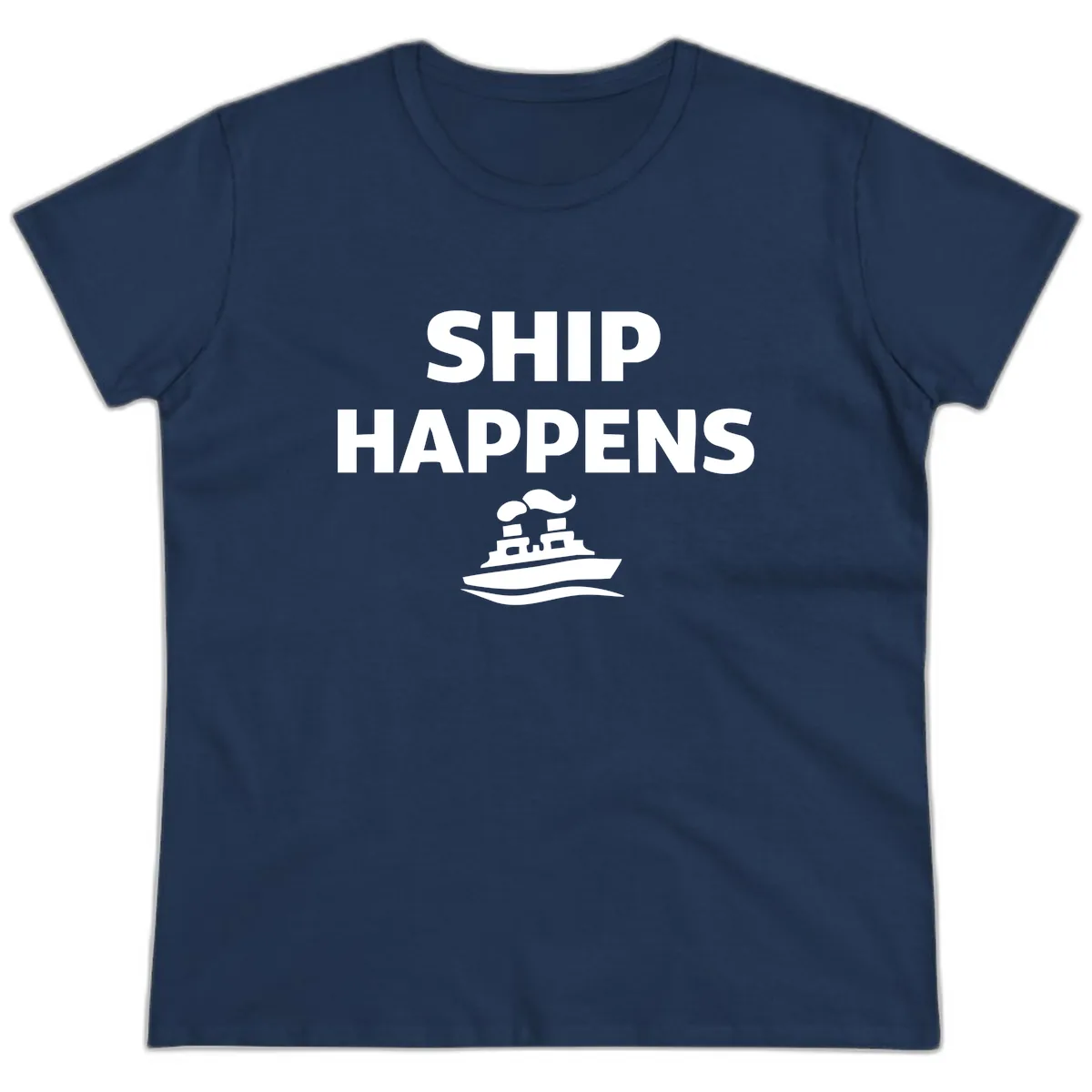 Ship Happens Boat Humor Ladies Tee in Navy