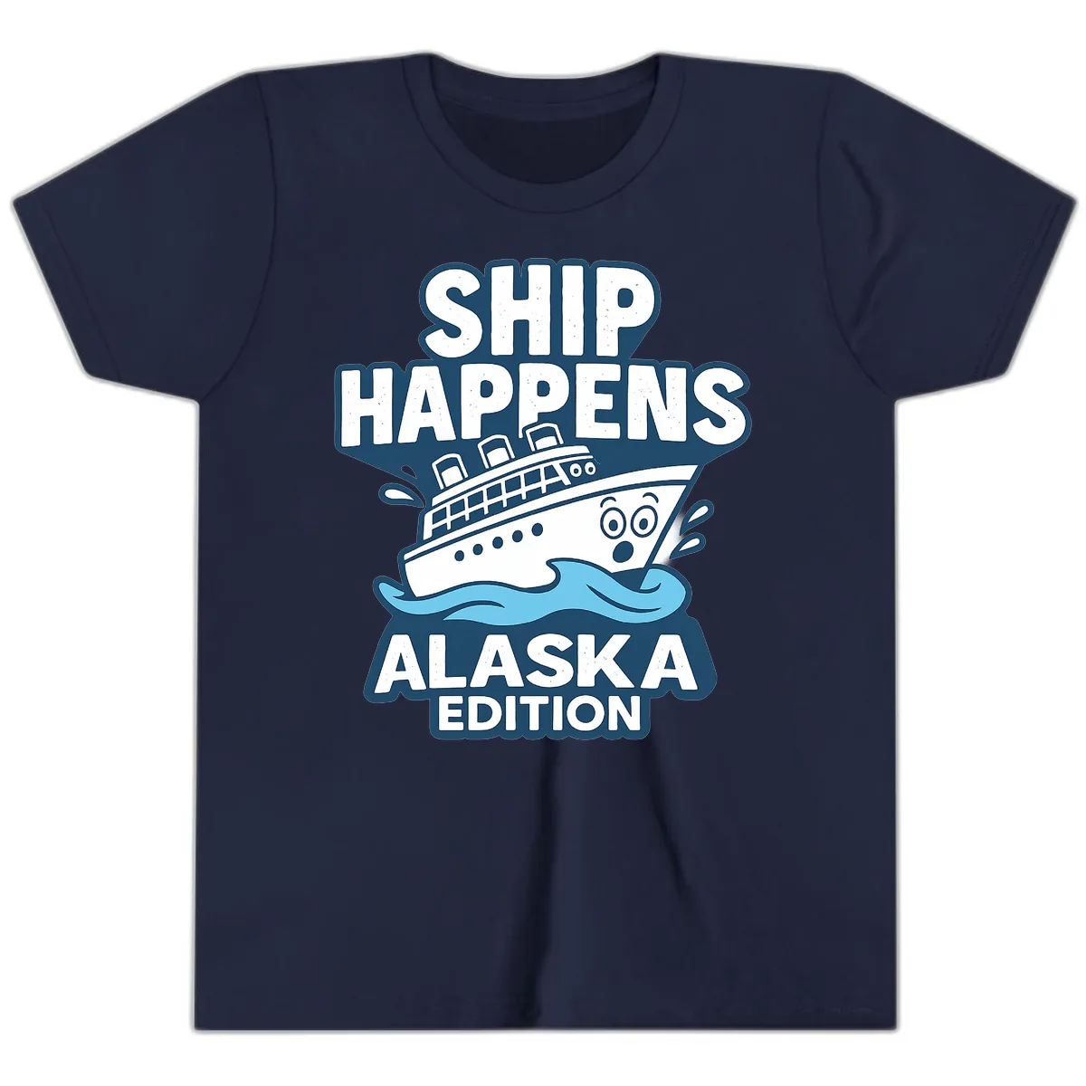 Ship Happens Alaska Edition Humor Youth T-Shirt in Navy