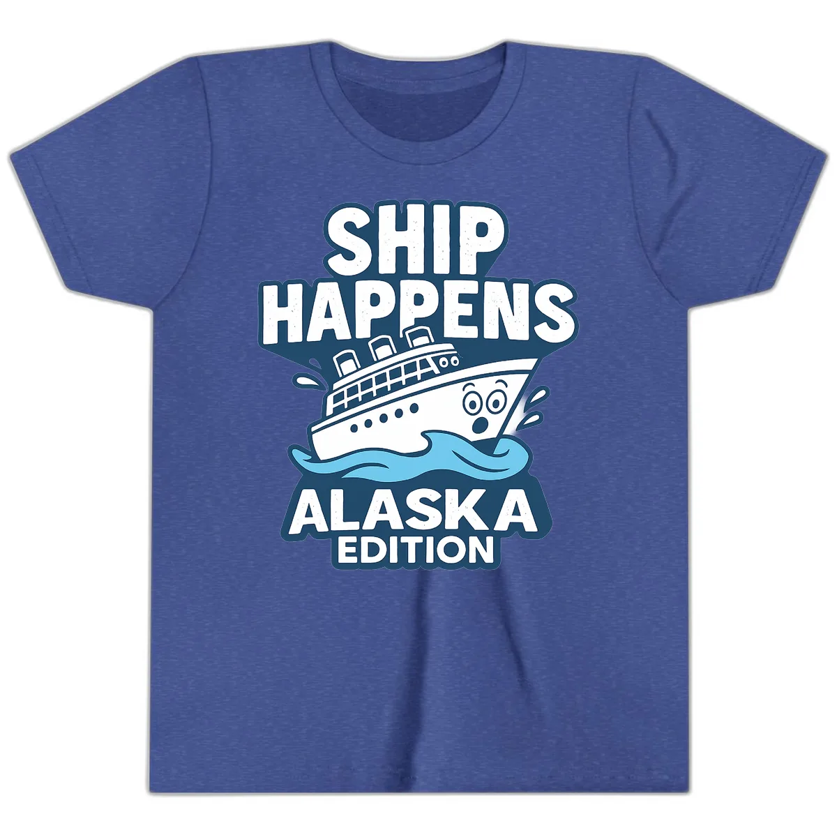Ship Happens Alaska Edition Humor Youth T-Shirt in Heather True Royal