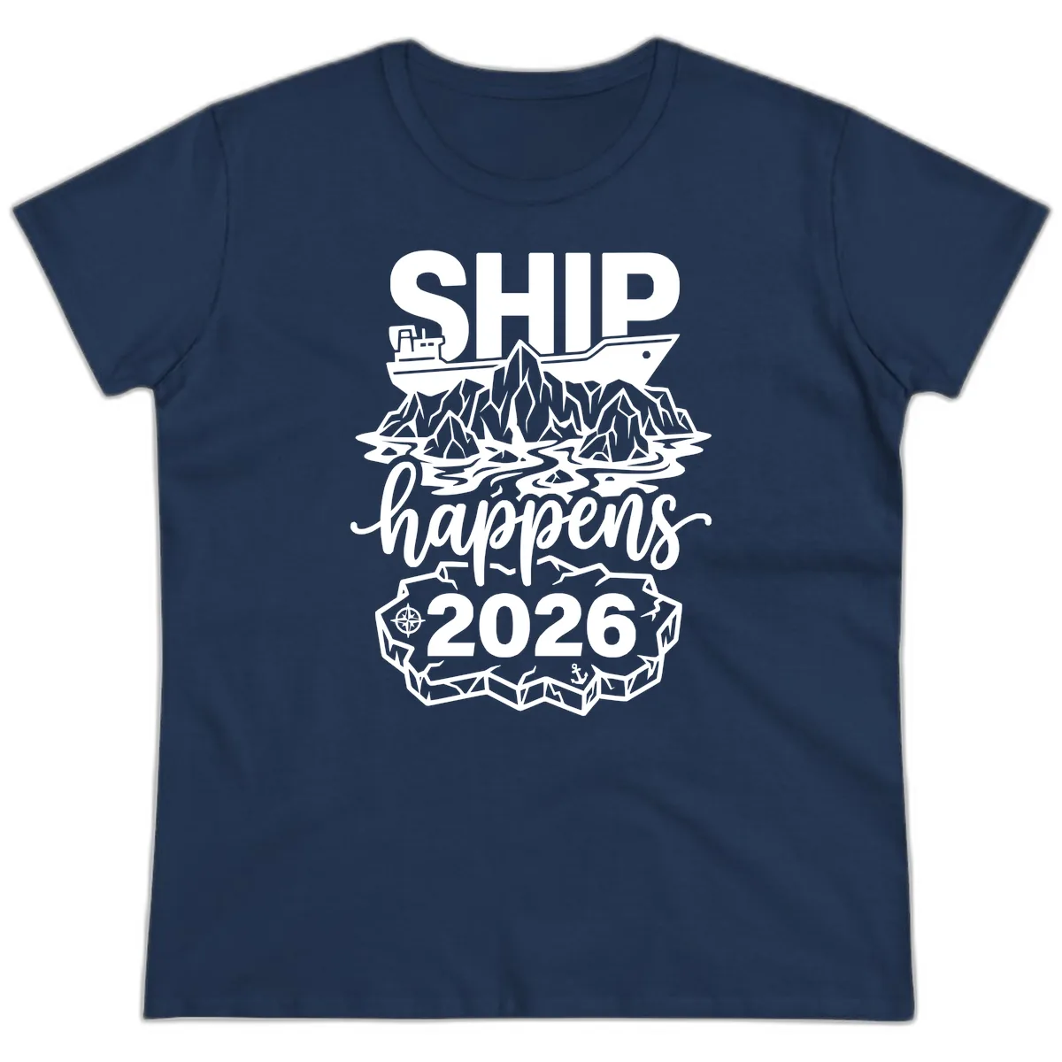 Ship Happens Glacier Humor Ladies Tee in Navy
