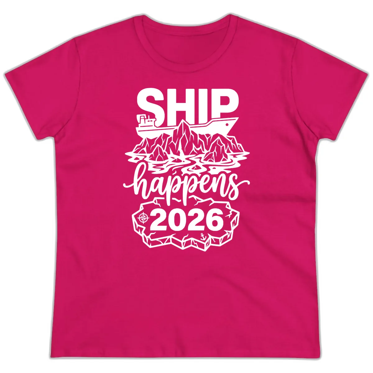Ship Happens Glacier Humor Ladies Tee in Heliconia