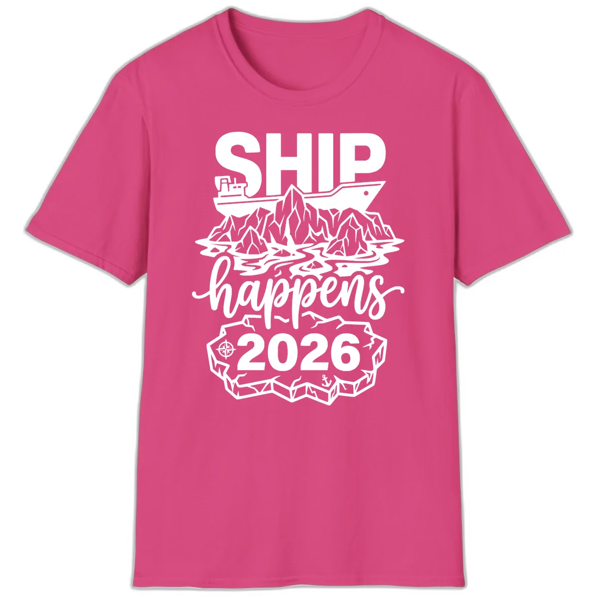 Ship Happens Glacier Humor T-Shirt in Heliconia