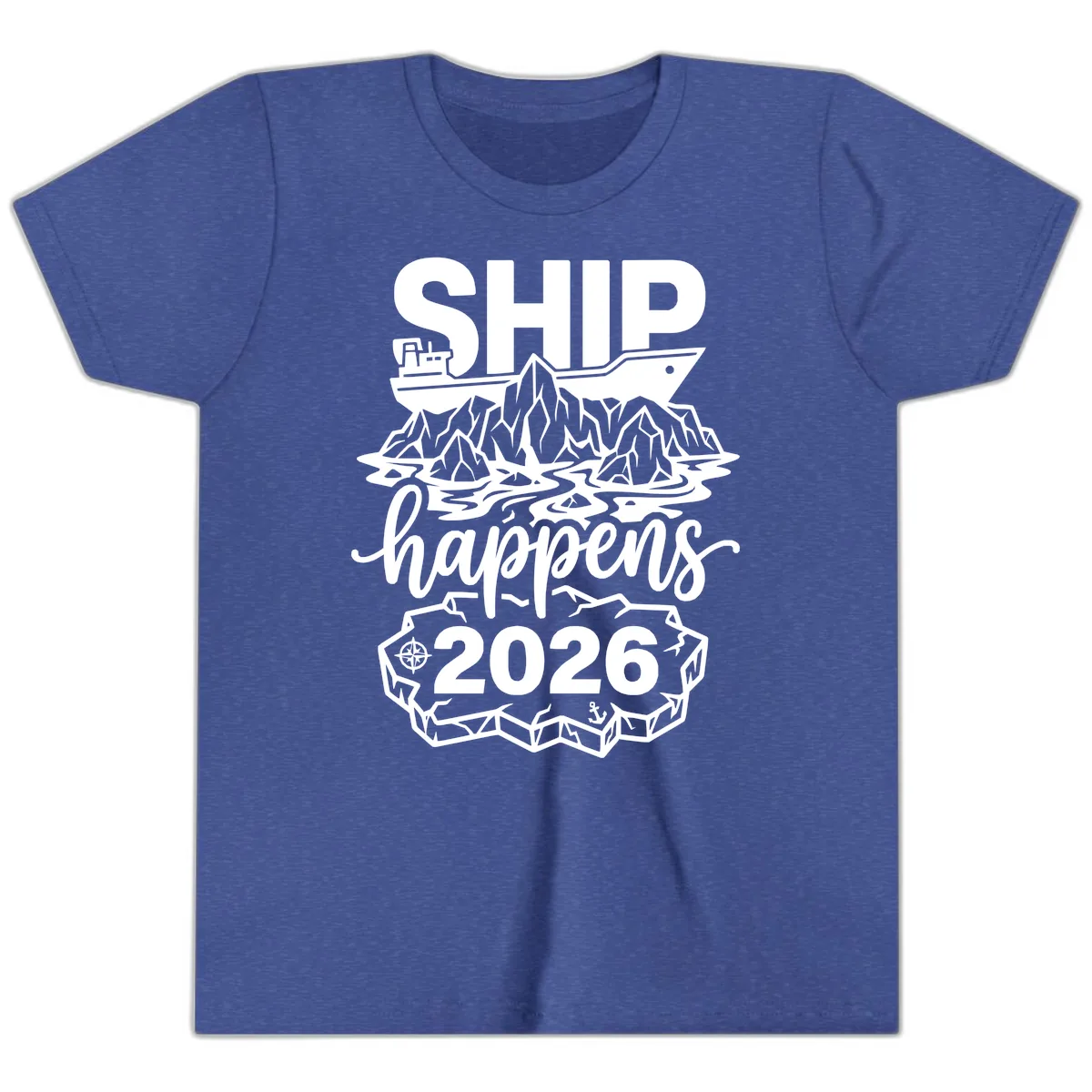 Ship Happens Glacier Humor Youth T-Shirt in Heather True Royal
