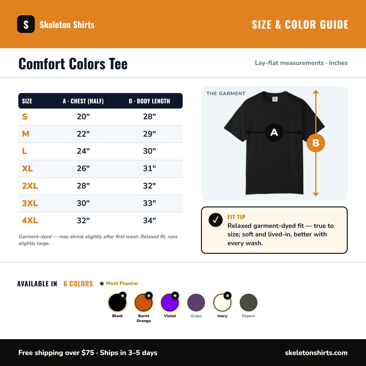 Comfort Color size & color guide