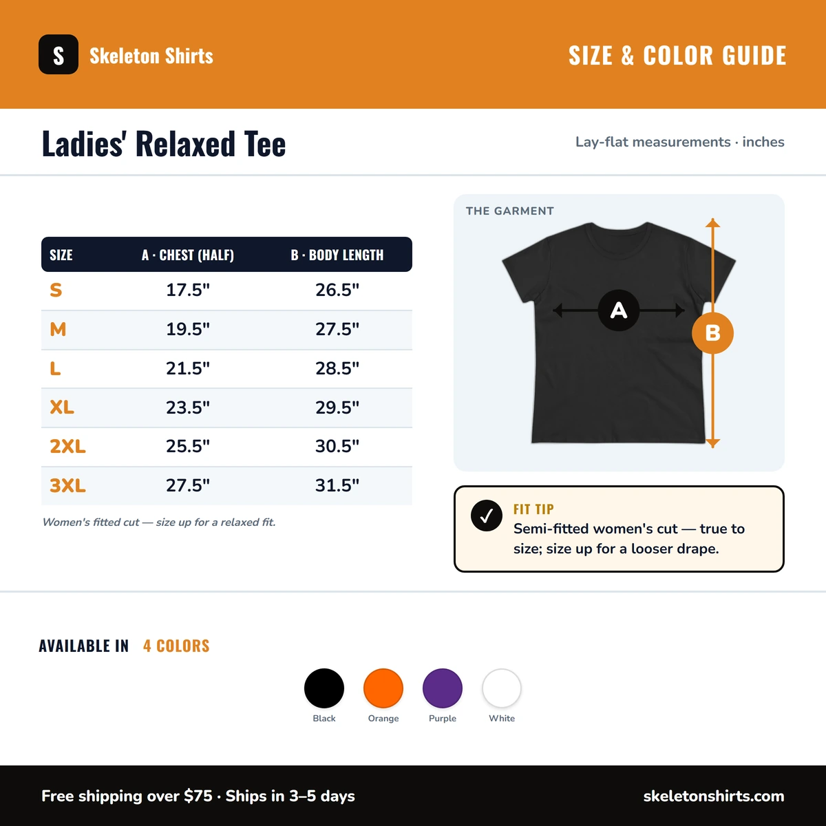 Ladies Tee size & color guide
