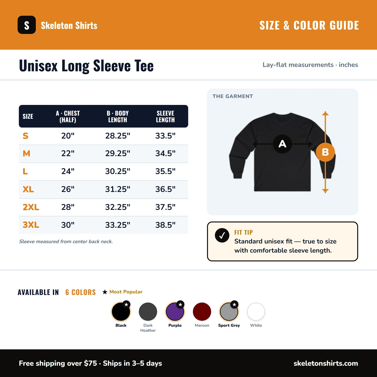 Long Sleeve size & color guide