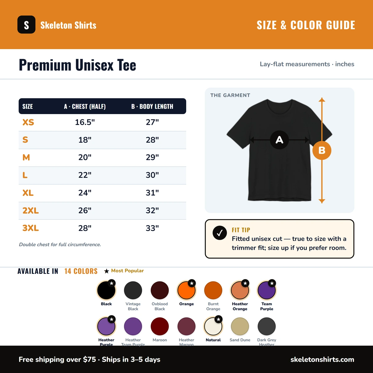Premium T-Shirt size & color guide
