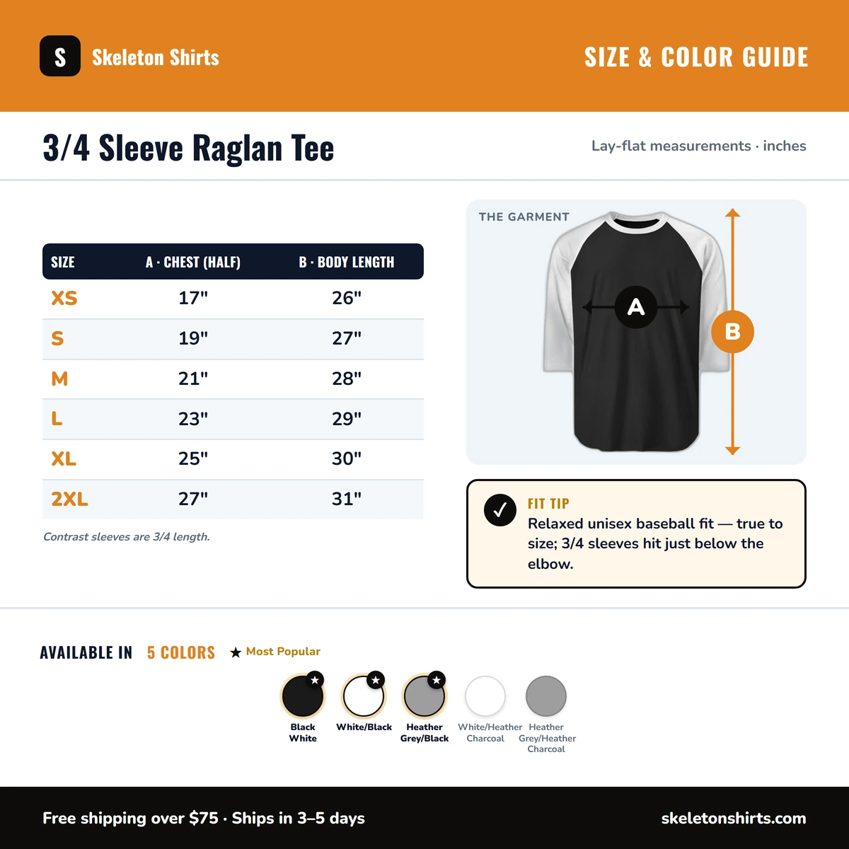 Raglan 3/4 size & color guide