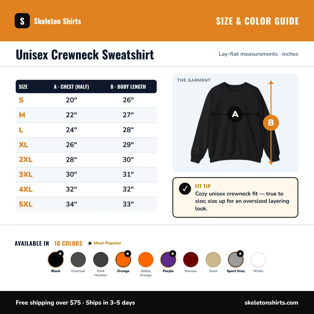 Sweatshirt size & color guide
