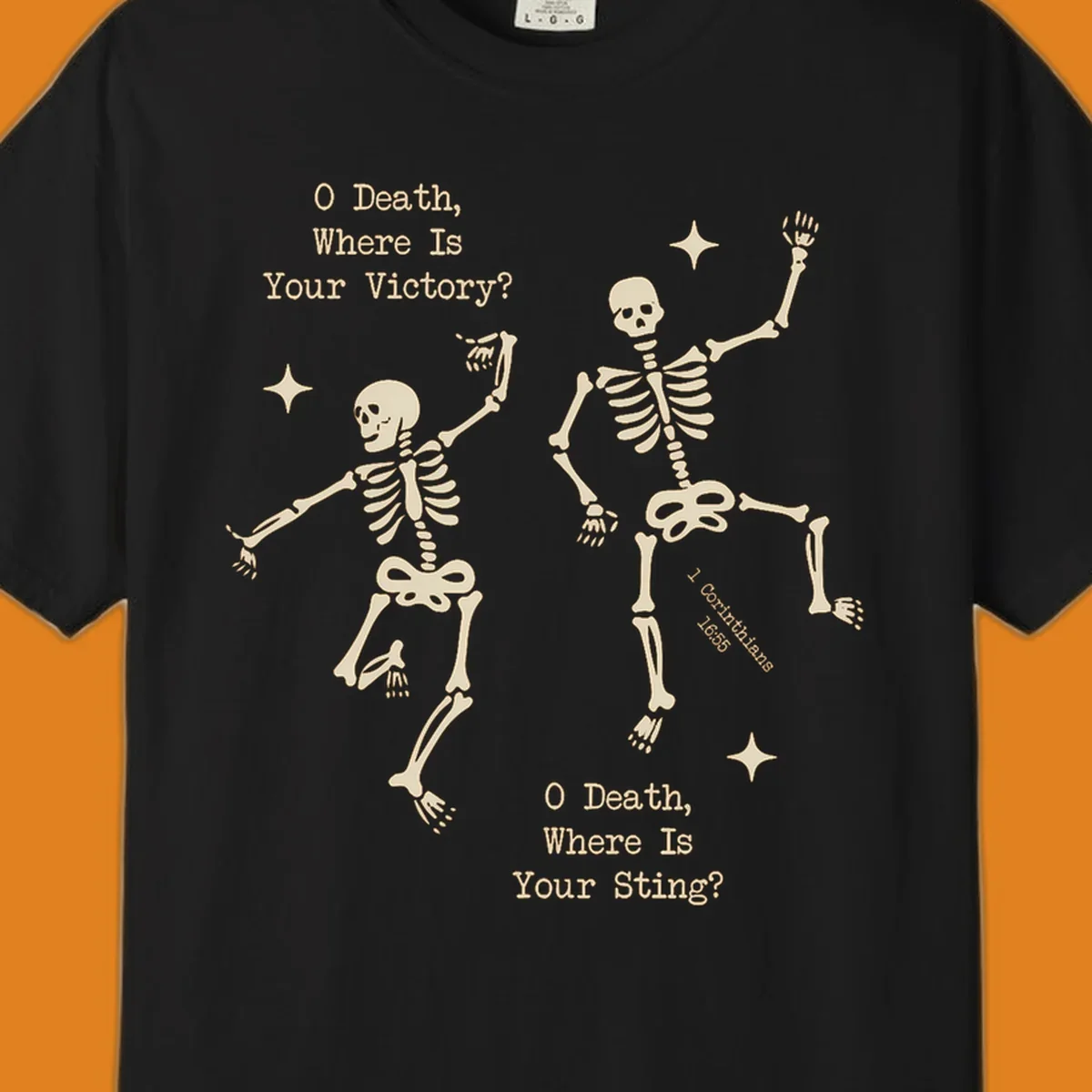 Dancing skeletons with text about death's sting and victory, memento mori design.