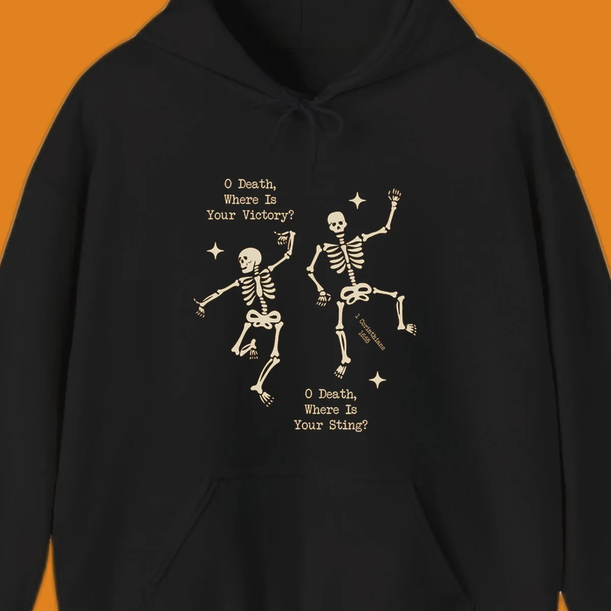 Dancing skeletons with text about death's sting and victory, memento mori design.