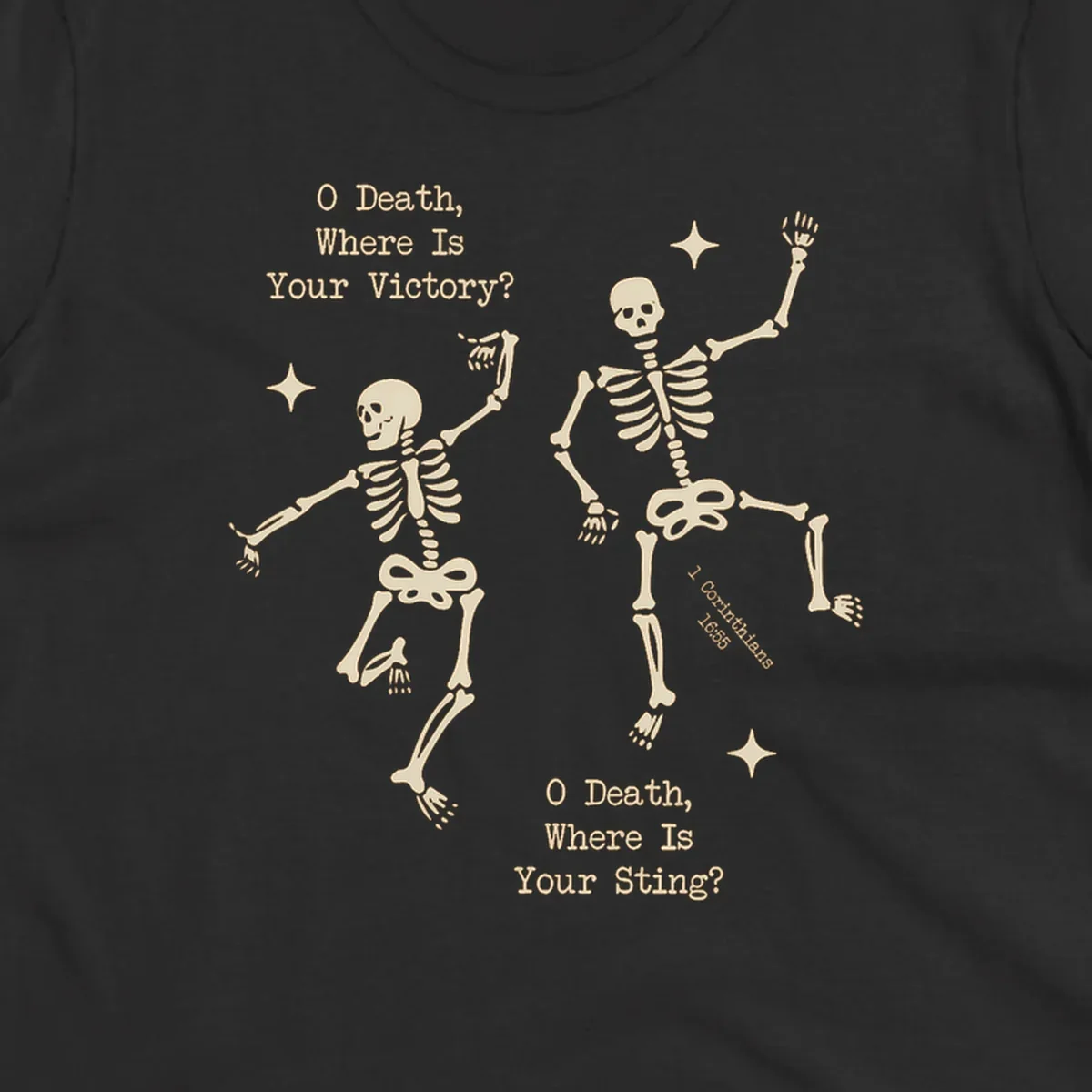 Dancing skeletons with text about death's sting and victory, memento mori design.