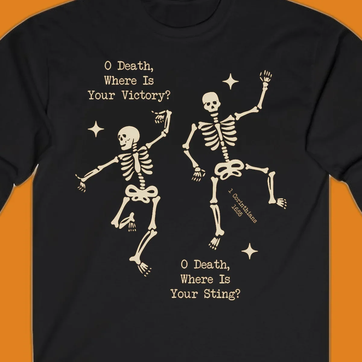 Dancing skeletons with text about death's sting and victory, memento mori design.