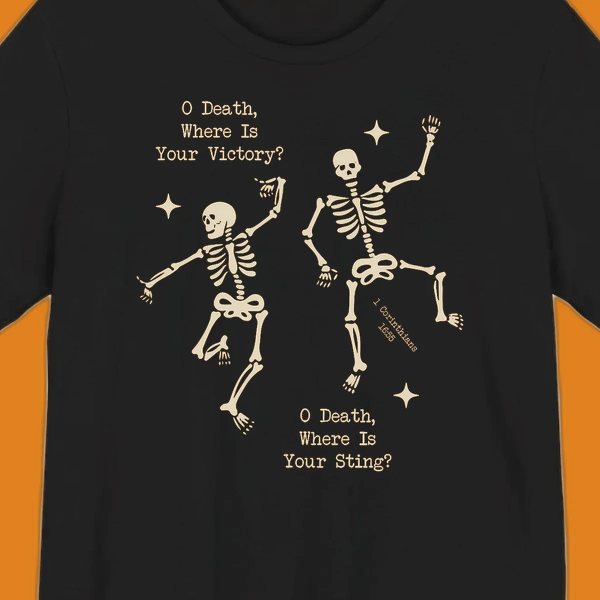 Dancing skeletons with text about death's sting and victory, memento mori design.