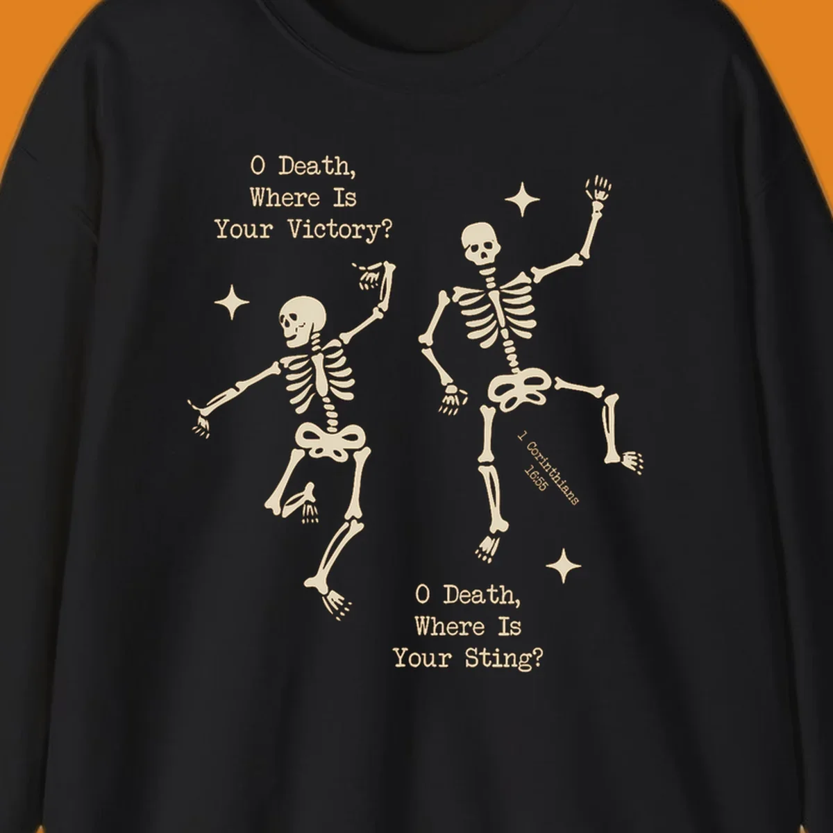Dancing skeletons with text about death's sting and victory, memento mori design.