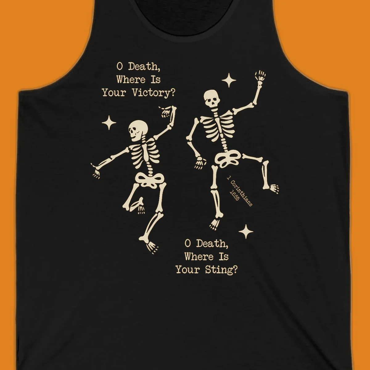 Dancing skeletons with text about death's sting and victory, memento mori design.