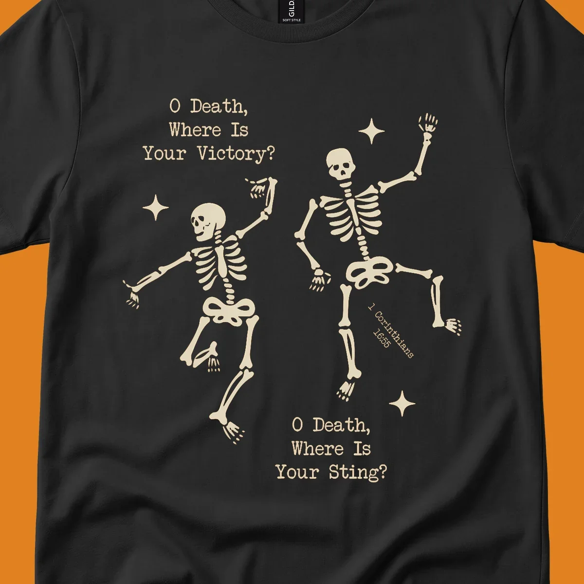 Dancing skeletons with text about death's sting and victory, memento mori design.