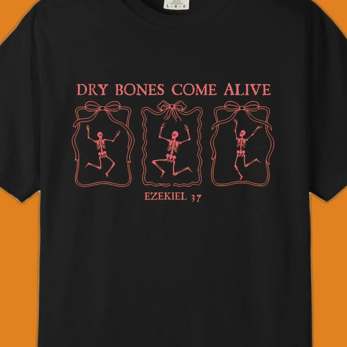 Dry bones come alive biblical illustration with dancing skeletons and Ezekiel 37 text.