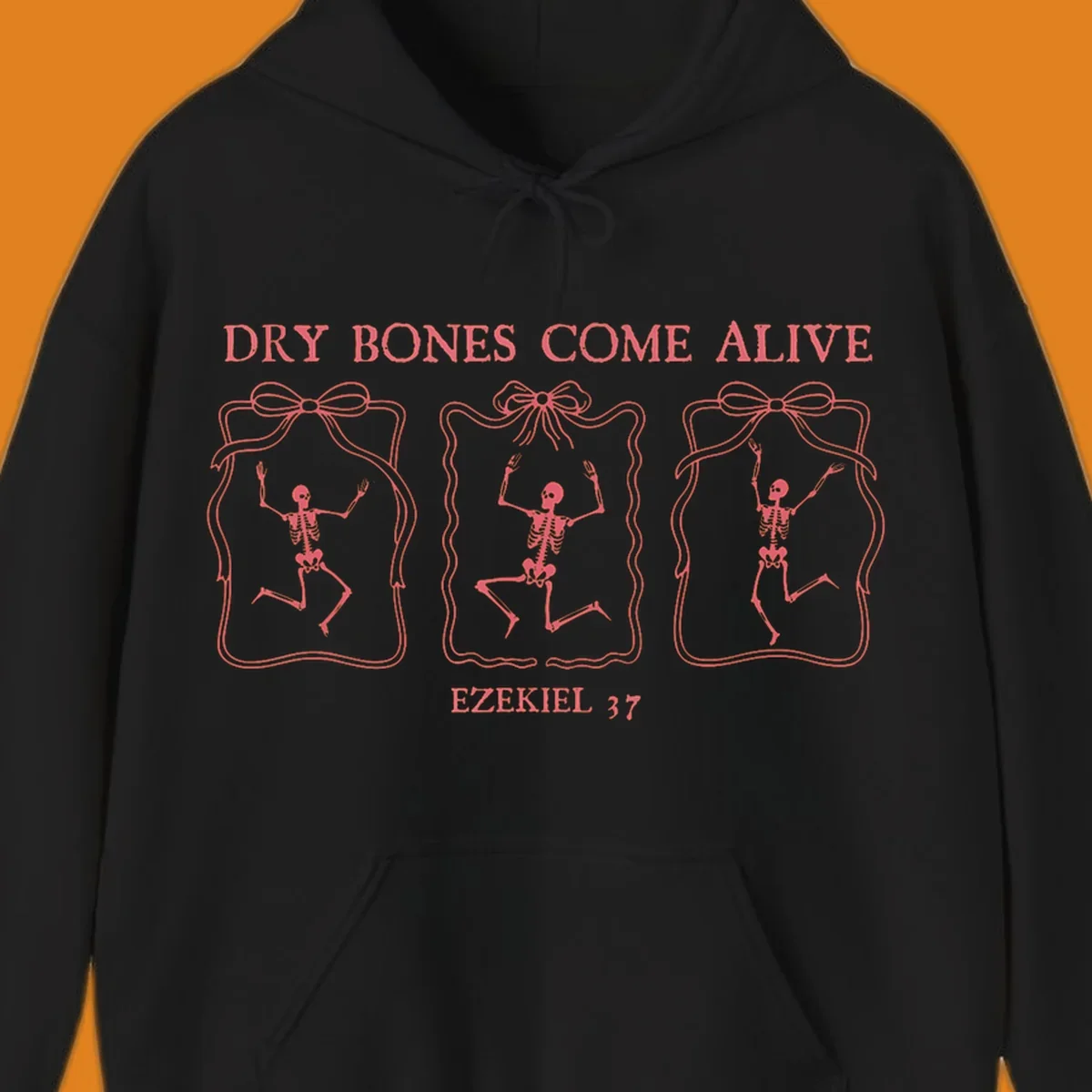 Dry bones come alive biblical illustration with dancing skeletons and Ezekiel 37 text.