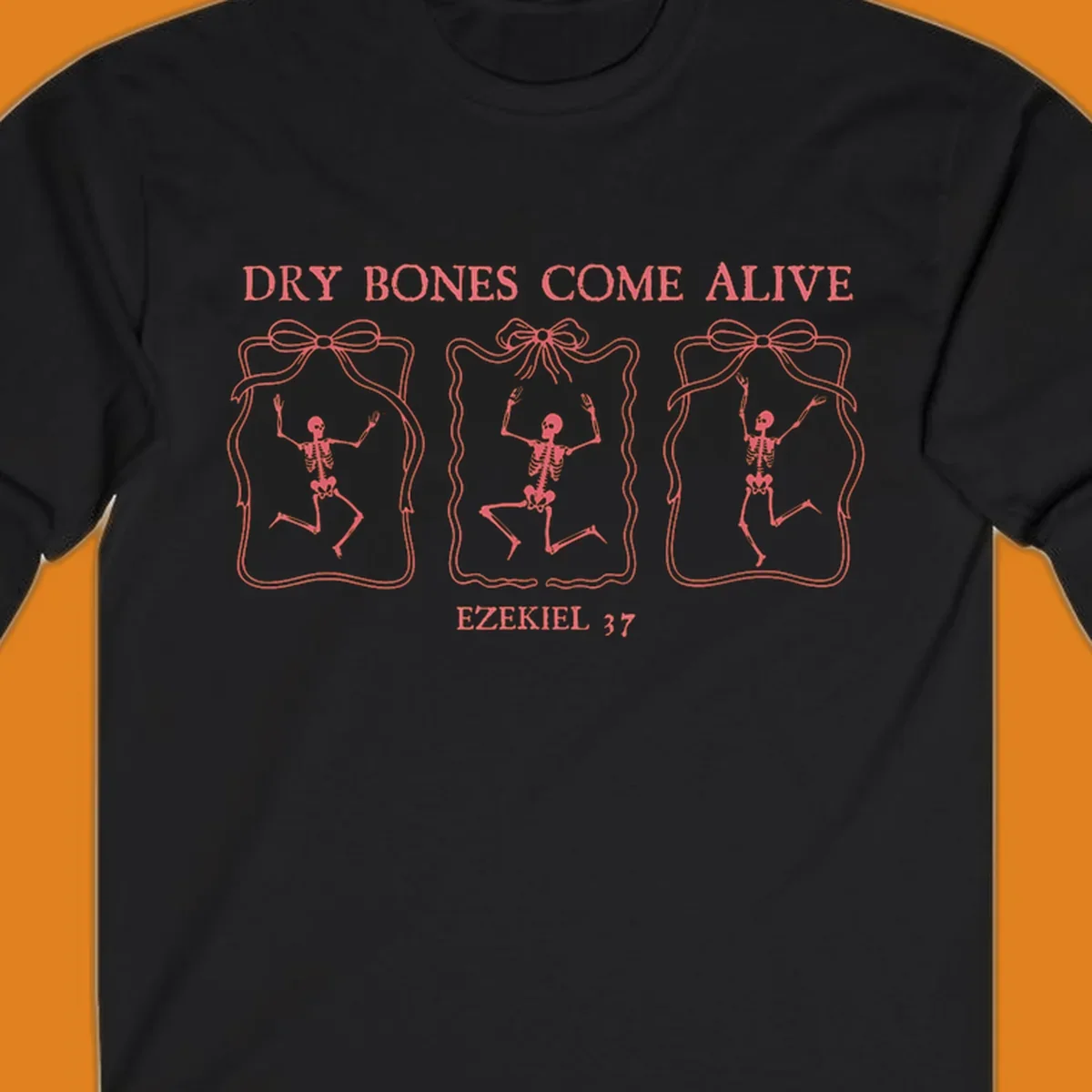 Dry bones come alive biblical illustration with dancing skeletons and Ezekiel 37 text.