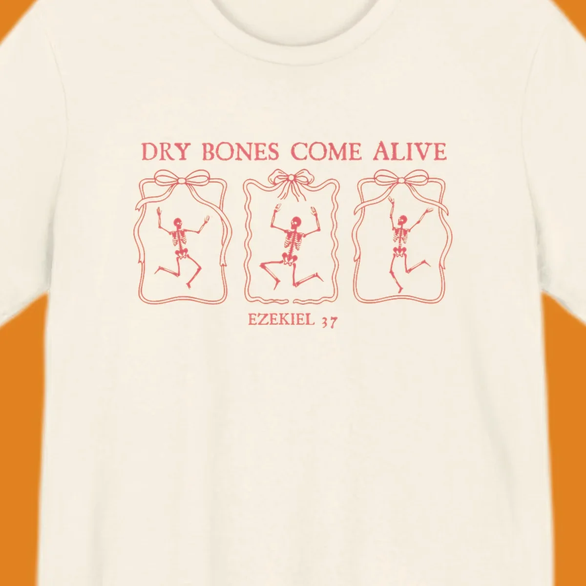 Dry bones come alive biblical illustration with dancing skeletons and Ezekiel 37 text.