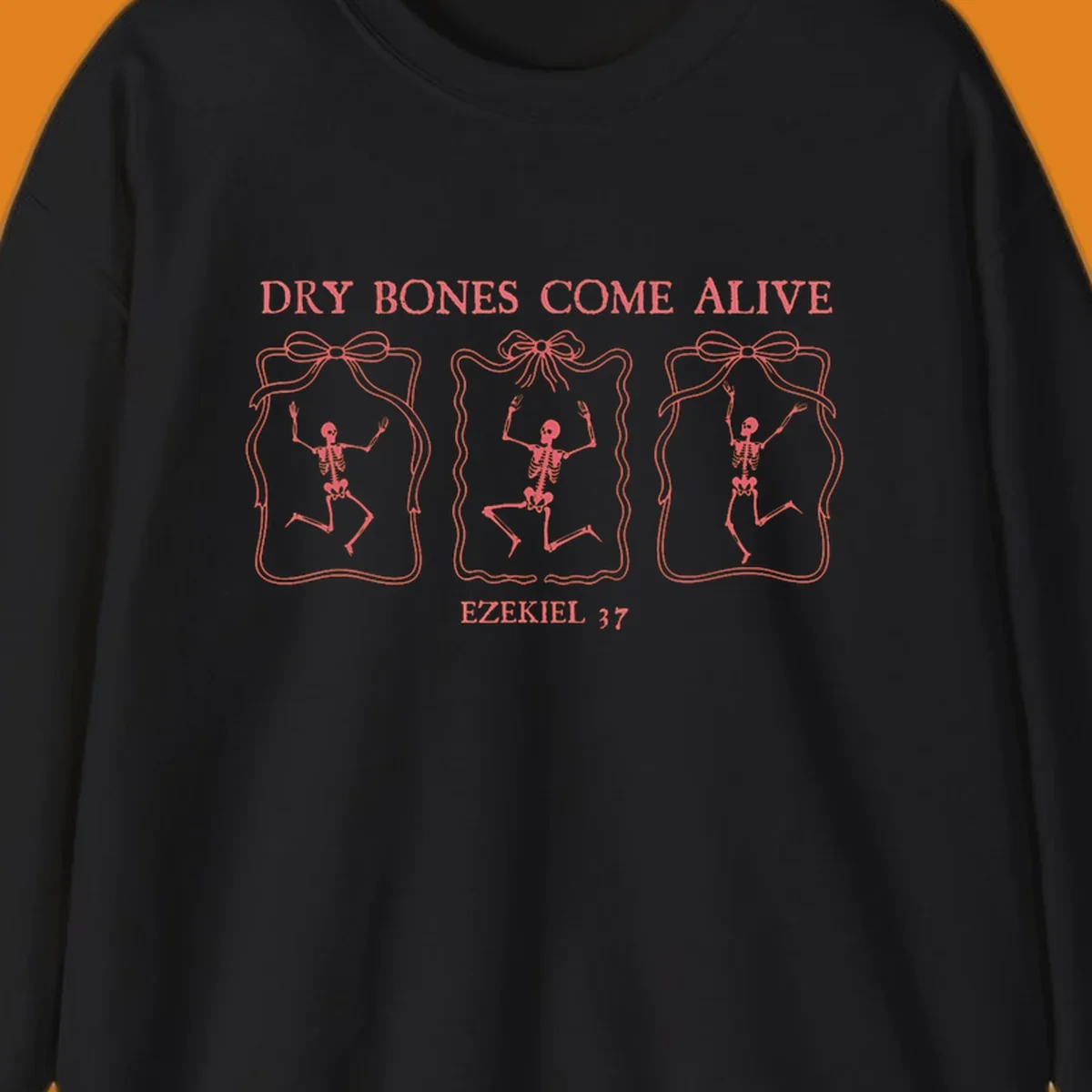 Dry bones come alive biblical illustration with dancing skeletons and Ezekiel 37 text.