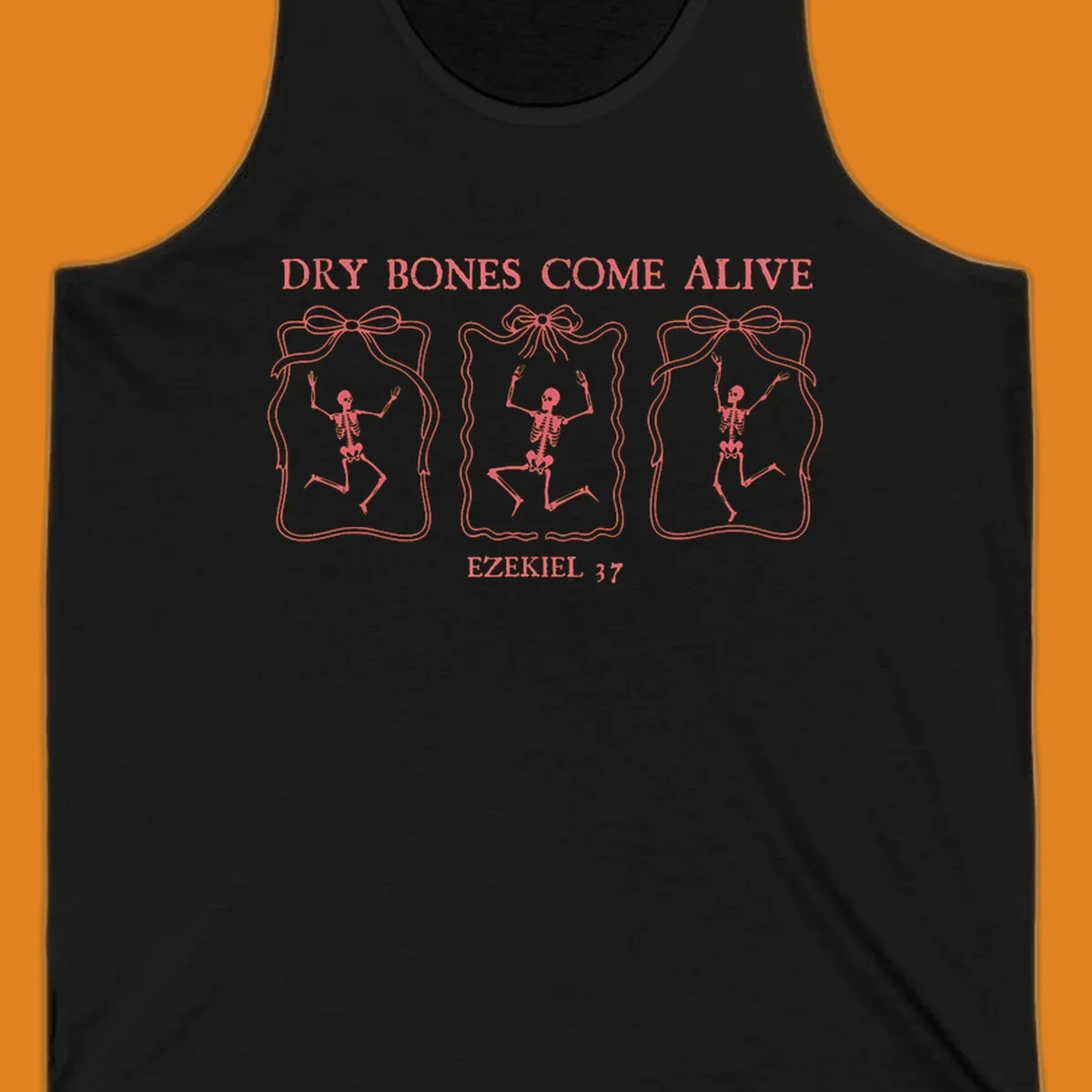 Dry bones come alive biblical illustration with dancing skeletons and Ezekiel 37 text.