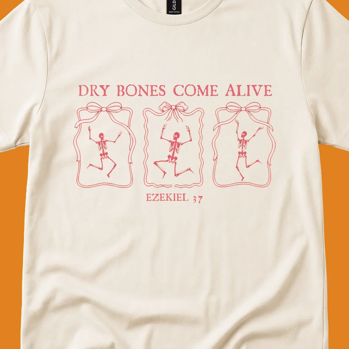 Dry bones come alive biblical illustration with dancing skeletons and Ezekiel 37 text.
