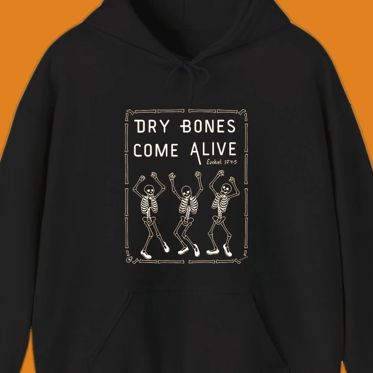 Dry bones come alive text and dancing skeletons illustration with bone border