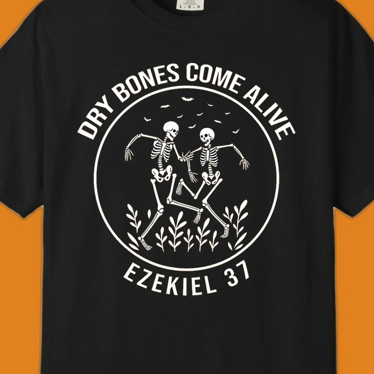 Dry bones dancing skeletons with bats and plants, Ezekiel 37 text.