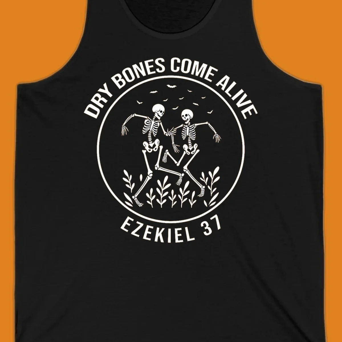 Dry bones dancing skeletons with bats and plants, Ezekiel 37 text.