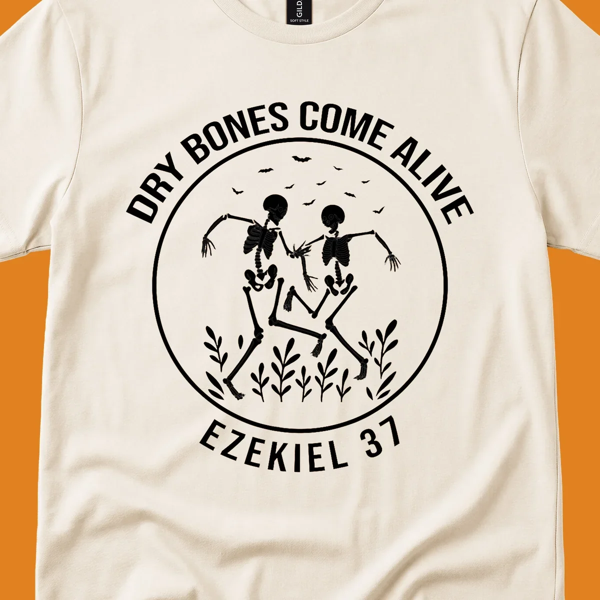 Dry bones dancing skeletons with bats and plants, Ezekiel 37 text.