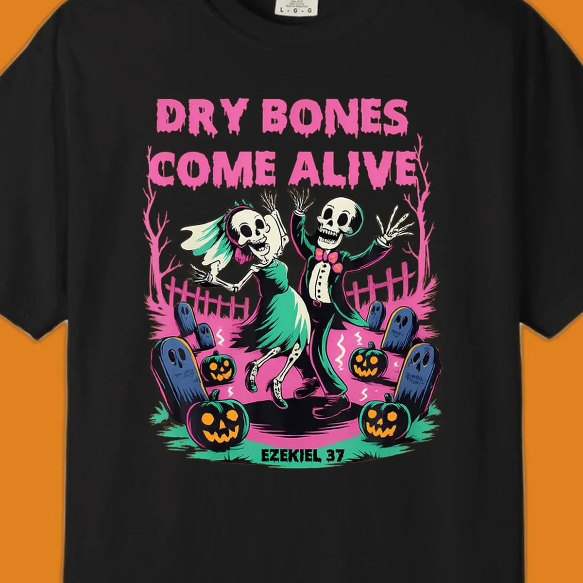 Dry bones come alive Halloween skeletons dancing wedding pumpkins gravestones Ezekiel 37