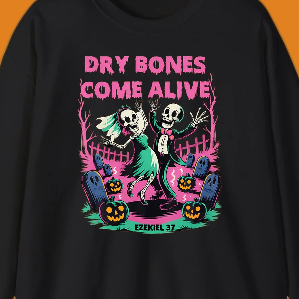 Dry bones come alive Halloween skeletons dancing wedding pumpkins gravestones Ezekiel 37