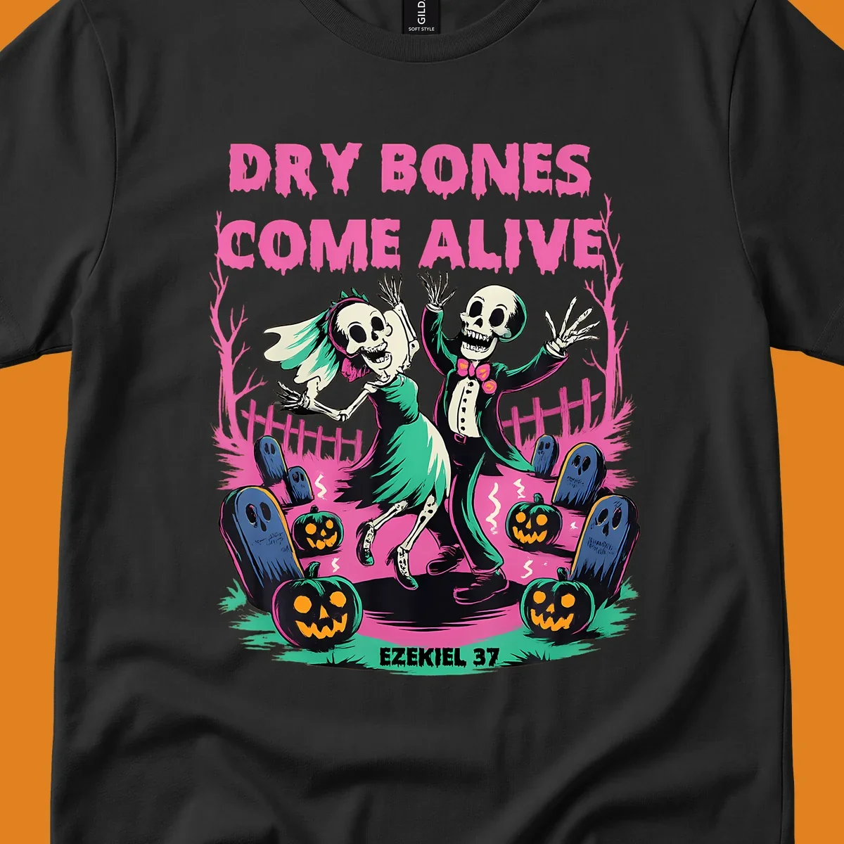 Dry bones come alive Halloween skeletons dancing wedding pumpkins gravestones Ezekiel 37