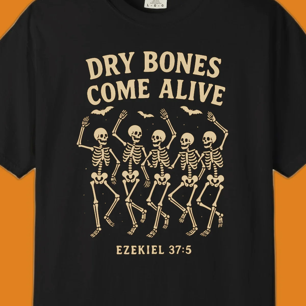 Dancing skeletons and bats with text 'Dry Bones Come Alive' and 'Ezekiel 37:5'.