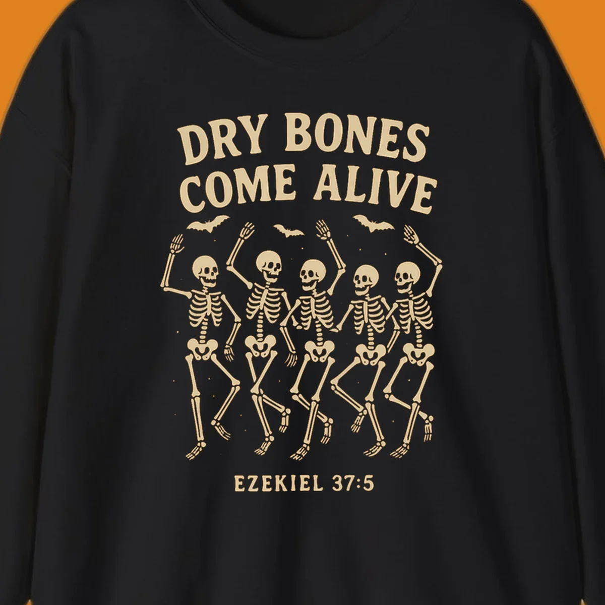 Dancing skeletons and bats with text 'Dry Bones Come Alive' and 'Ezekiel 37:5'.