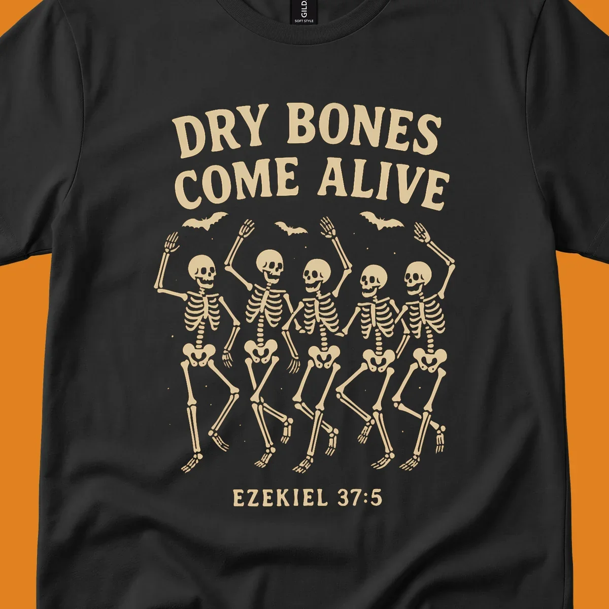 Dancing skeletons and bats with text 'Dry Bones Come Alive' and 'Ezekiel 37:5'.