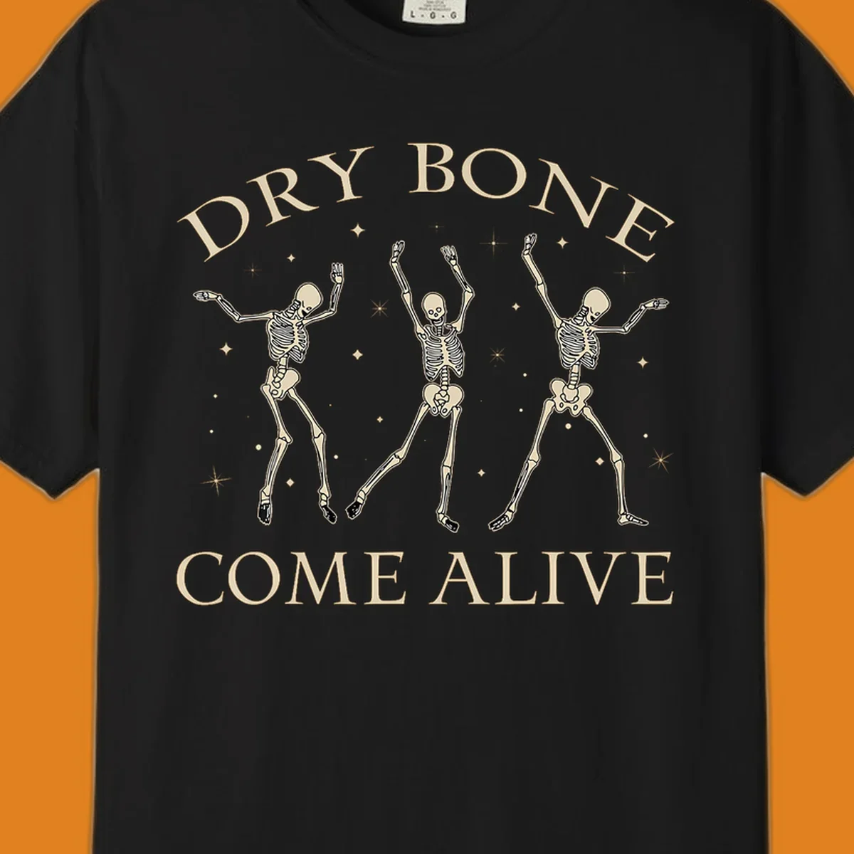 Three dancing skeletons illustration with text "DRY BONE COME ALIVE", representing the dry-bone-dancing-skeletons concept.