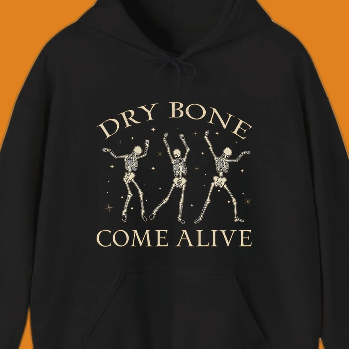 Three dancing skeletons illustration with text "DRY BONE COME ALIVE", representing the dry-bone-dancing-skeletons concept.