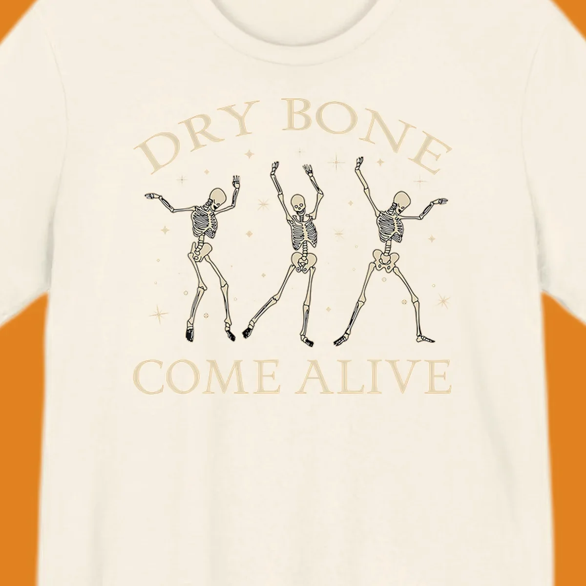 Three dancing skeletons illustration with text "DRY BONE COME ALIVE", representing the dry-bone-dancing-skeletons concept.