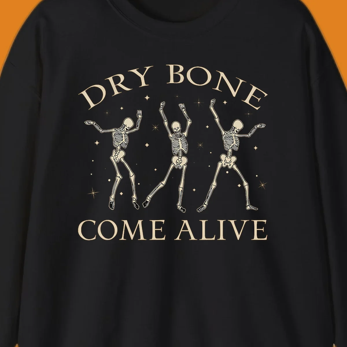 Three dancing skeletons illustration with text "DRY BONE COME ALIVE", representing the dry-bone-dancing-skeletons concept.