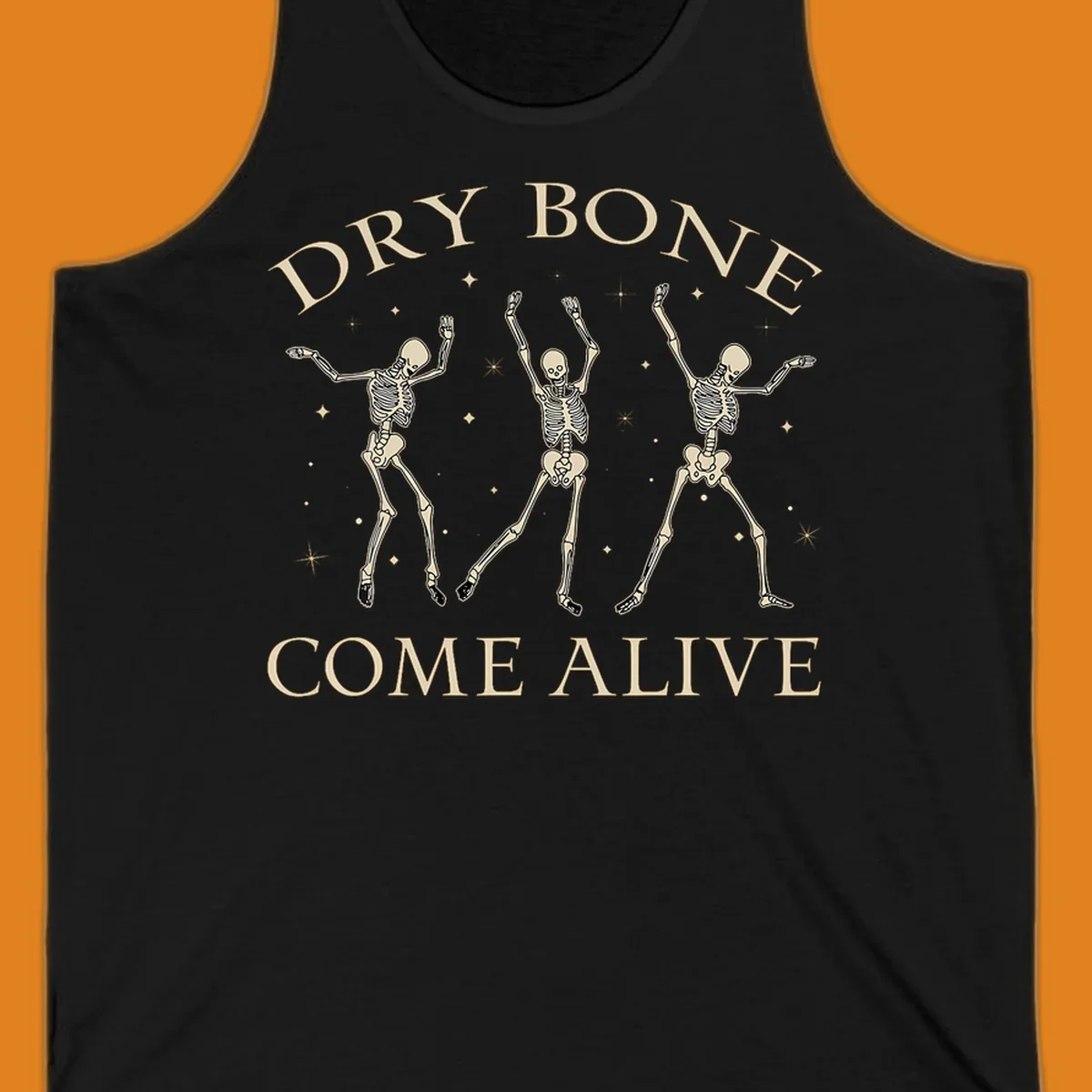Three dancing skeletons illustration with text "DRY BONE COME ALIVE", representing the dry-bone-dancing-skeletons concept.