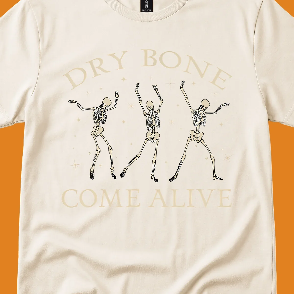 Three dancing skeletons illustration with text "DRY BONE COME ALIVE", representing the dry-bone-dancing-skeletons concept.