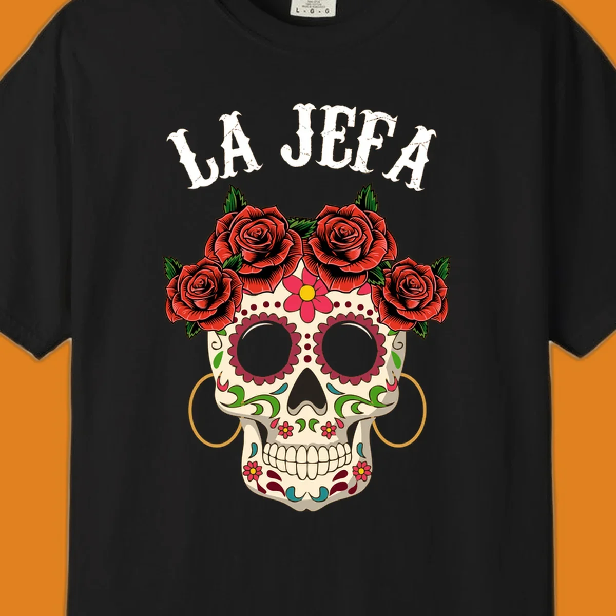 A colorful La Jefa sugar skull design with a crown of red roses and gold hoop earrings.