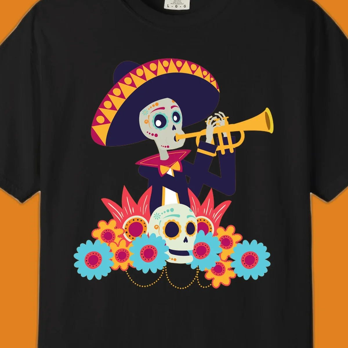 A calavera skeleton trumpet player in a sombrero and bow tie, surrounded by colorful flowers and a sugar skull.